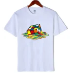 White T-shirt featuring a colorful watercolor-style Rubik's Cube design, perfect for science and puzzle enthusiasts.