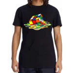 Black T-shirt featuring a colorful Rubik's Cube with a water reflection design, perfect for science and puzzle enthusiasts.