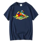 Navy blue T-shirt featuring a colorful Rubik's Cube with a water reflection design, perfect for science and puzzle enthusiasts.