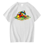 A colorful melting Rubik's Cube graphic printed on a white T-shirt.