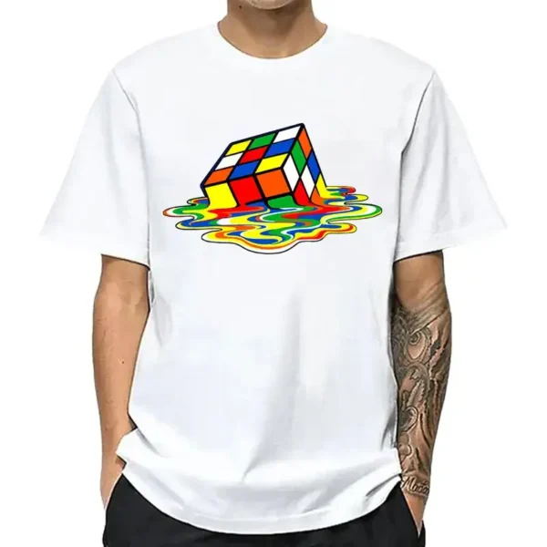 White T-shirt featuring a colorful Rubik's Cube melting into vibrant water ripples, perfect for science and puzzle enthusiasts.