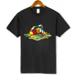 Black T-shirt featuring a colorful Rubik's Cube with a watercolor splash design, perfect for science and puzzle enthusiasts.