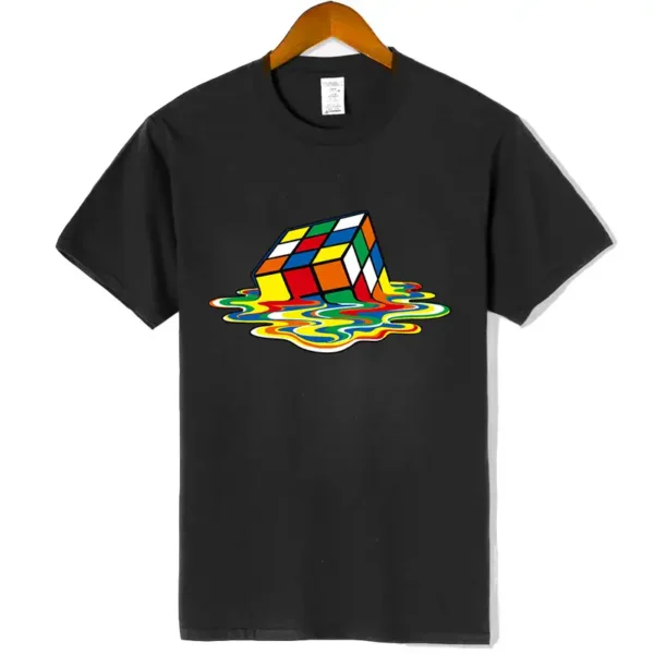 Black T-shirt featuring a colorful Rubik's Cube with a watercolor splash design, perfect for science and puzzle enthusiasts.