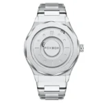 Stylish silver Foxbox watch with a minimalist design, featuring a round dial and metal strap, perfect for science and tech enthusiasts.
