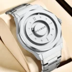 Stylish silver watch with a minimalist design, featuring a sleek round dial and metal strap, perfect for fashion-forward individuals.