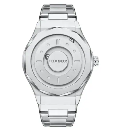 Stylish silver Foxbox watch with a minimalist design, featuring a round dial and metal strap, perfect for science and tech enthusiasts.