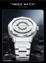 A modern, innovative wristwatch with a sleek, futuristic design featuring a metallic silver finish and a round face, emphasizing its unique, mirrorless appearance.