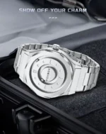 A sleek, modern silver watch featuring a circular dial with minimalist design, perfect for tech enthusiasts and fashion-forward individuals.