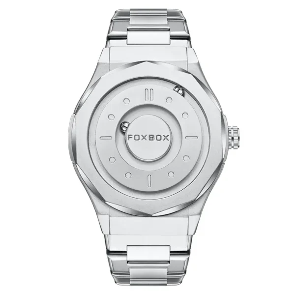 Stylish silver Foxbox watch with a minimalist design, featuring a round dial and metal strap, perfect for science and tech enthusiasts.