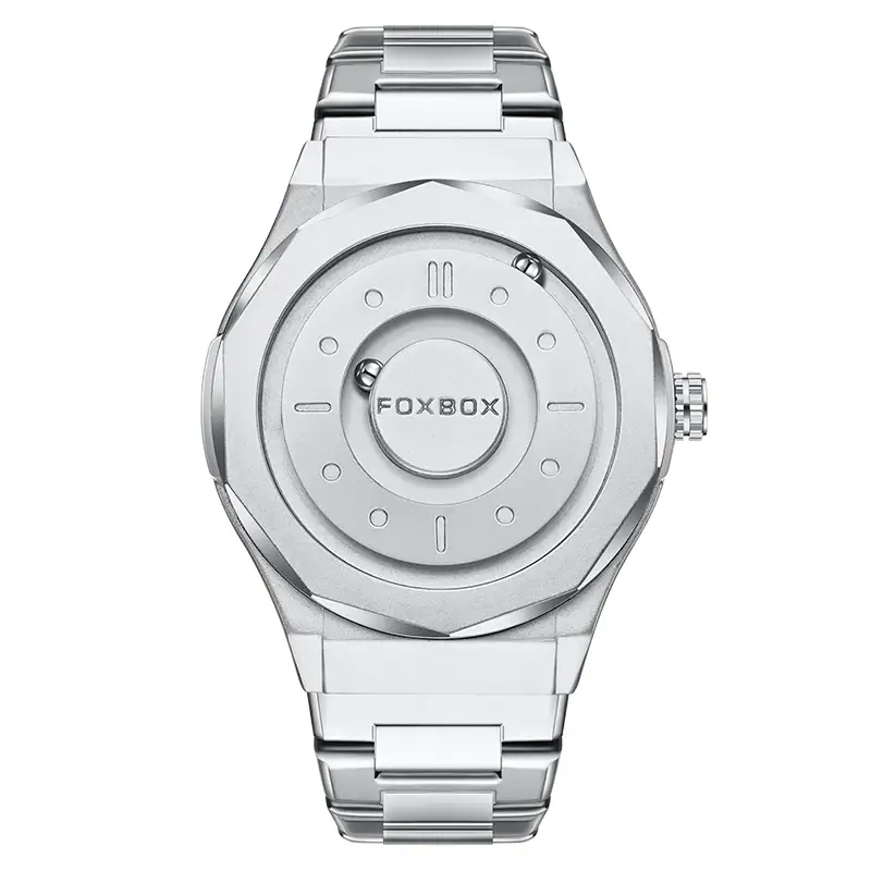 Modern Silver Foxbox Watch Stylish silver Foxbox watch with a minimalist design, featuring a round dial and metal strap, perfect for science and tech enthusiasts.