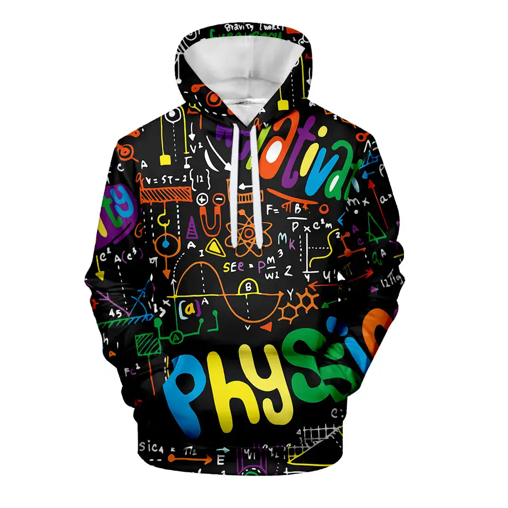 Colorful physics-themed hoodie featuring mathematical formulas, scientific symbols, and diagrams, perfect for science enthusiasts and students.