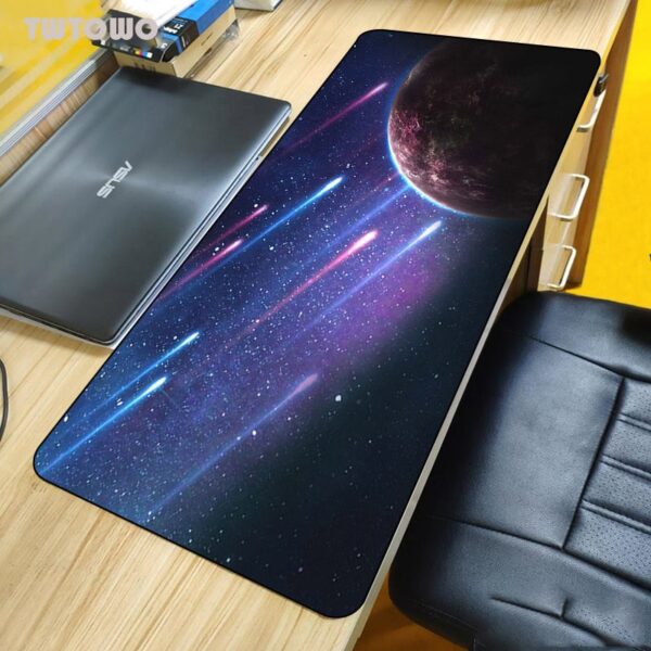 A space-themed desk mat featuring planets, stars, and cosmic phenomena, ideal for science lovers and educational environments.