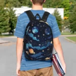 Backpack featuring a cosmic space pattern with planets, stars, and moons, perfect for students and space enthusiasts.