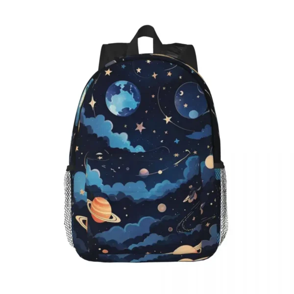 Colorful space-themed backpack featuring planets, stars, and rockets, perfect for children interested in astronomy and science education.