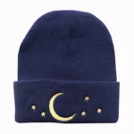 Cute navy blue beanie with moon and star embroidery, perfect for science enthusiasts and kids.