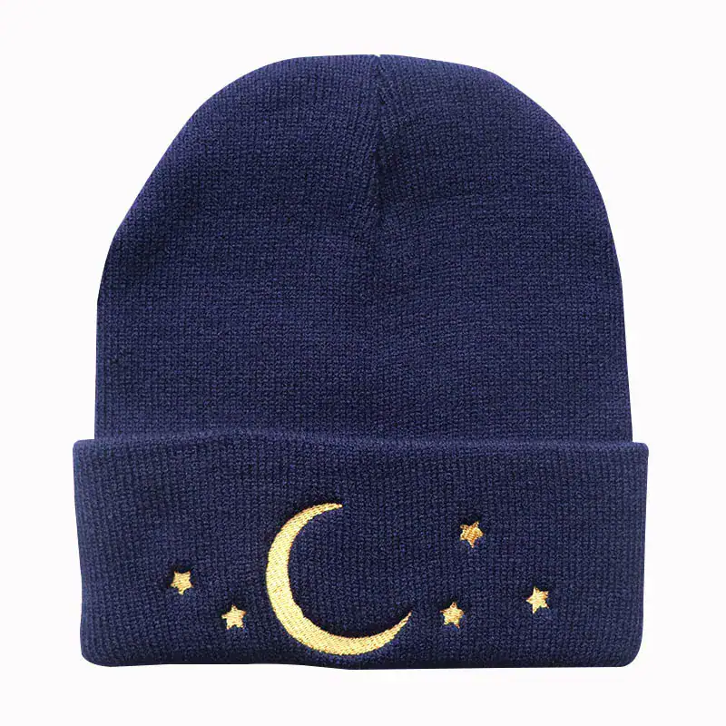 Science Gadgets | Science Decor & Educational Toys Shop Cute navy blue beanie with moon and star embroidery, perfect for science enthusiasts and kids.