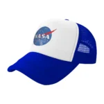 White and blue baseball cap featuring the NASA logo, ideal for space enthusiasts and educational purposes.