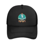 Black baseball cap featuring a colorful NASA rocket logo with a rocket launching into space, perfect for space enthusiasts and science lovers.