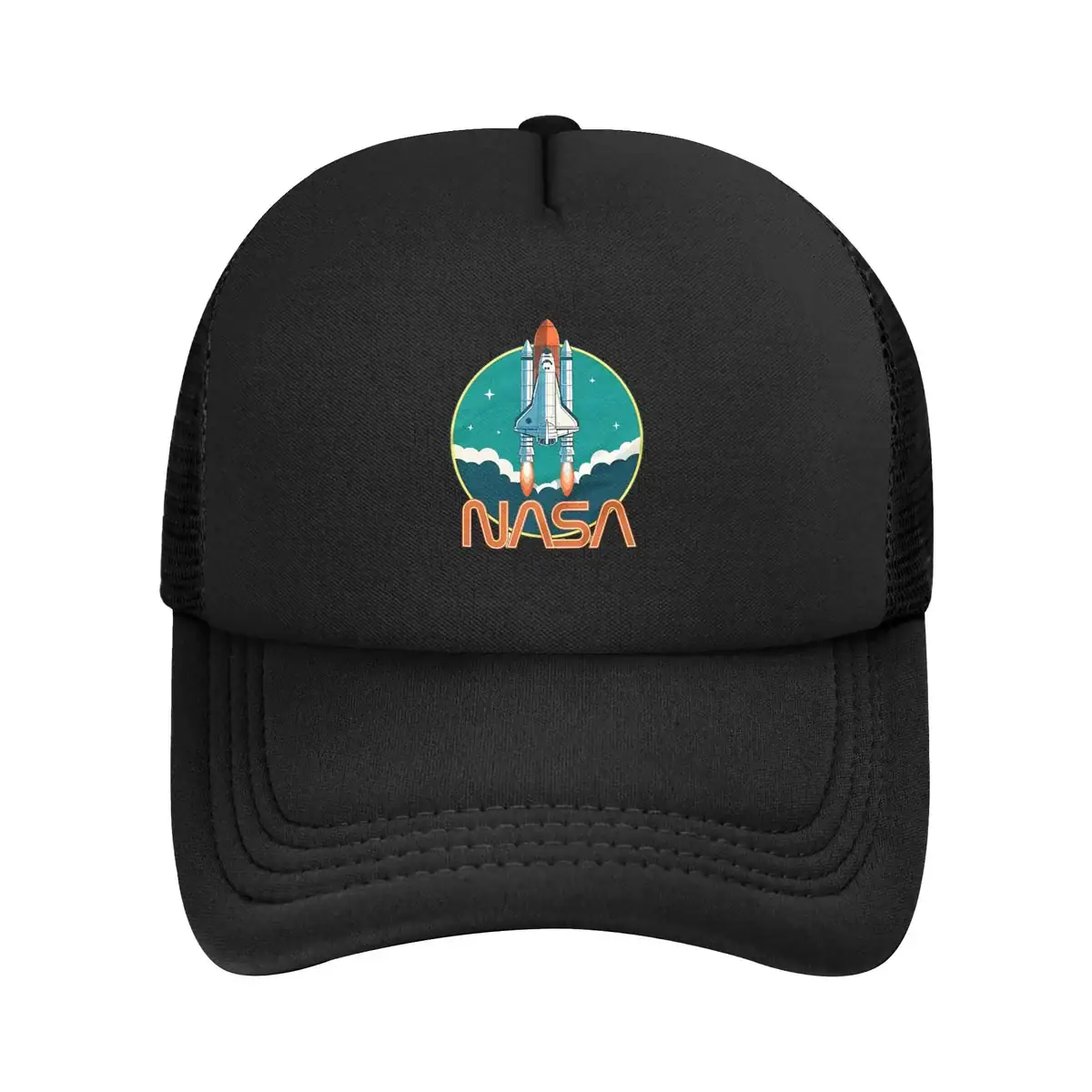 NASA Rocket Cap - Space Exploration Hat Black baseball cap featuring a colorful NASA rocket logo with a rocket launching into space, perfect for space enthusiasts and science lovers.