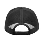 Black mesh trucker cap with adjustable strap.