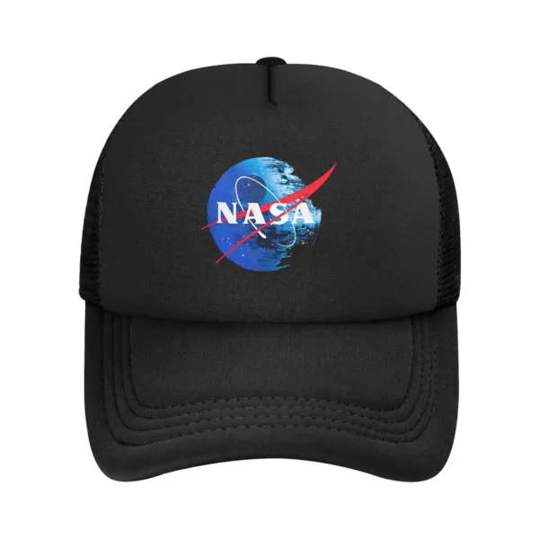 Black baseball cap featuring the NASA logo with a space-themed design, perfect for science enthusiasts and space lovers.