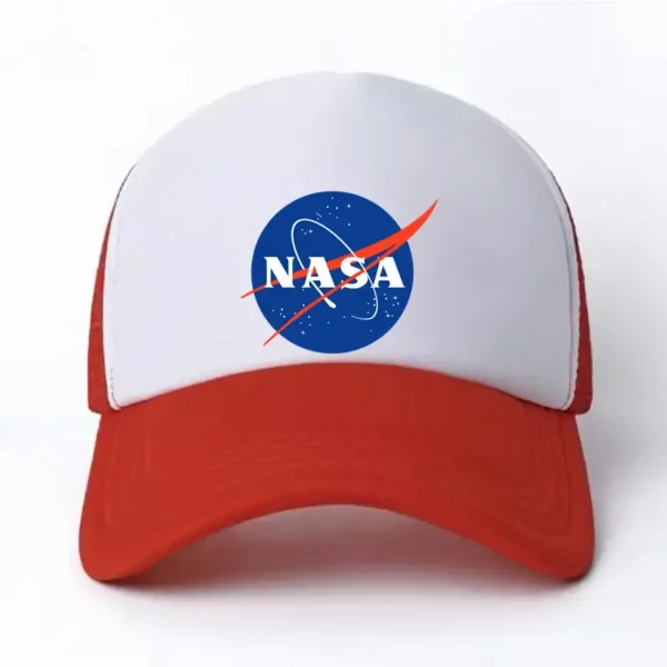 Red and white trucker cap featuring the NASA logo, perfect for space enthusiasts and casual wear.