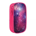 Pink galaxy-themed pencil case featuring a vibrant space design with stars and nebulae, perfect for students and space enthusiasts.