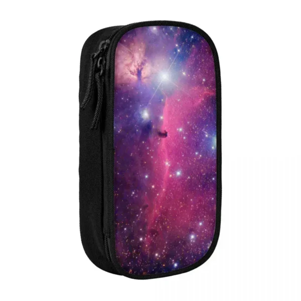 Durable black pencil case featuring a vibrant galaxy space pattern with stars and nebulae, perfect for students and space enthusiasts.