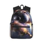 Space-themed backpack featuring planets and stars, perfect for students and science enthusiasts. Durable design with multiple compartments and mesh side pockets.