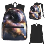 Colorful galaxy-themed backpack featuring planets and stars, perfect for students and space enthusiasts. Durable design with multiple compartments and adjustable straps.