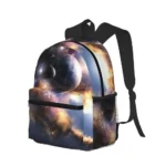 Colorful galaxy-themed backpack featuring a moon and stars design, ideal for students and space enthusiasts.