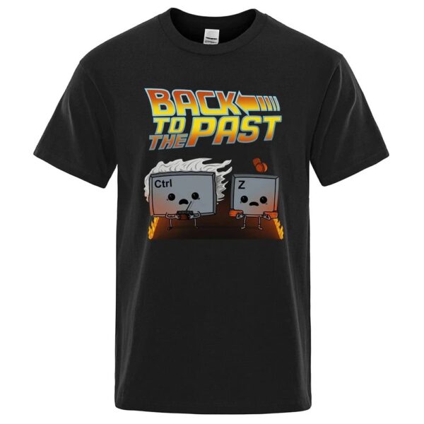 Black T-shirt featuring cartoon-style characters of a computer keyboard key with "Ctrl" and a sleeping "Z" key, inspired by "Back to the Past" theme, perfect for science and tech enthusiasts.