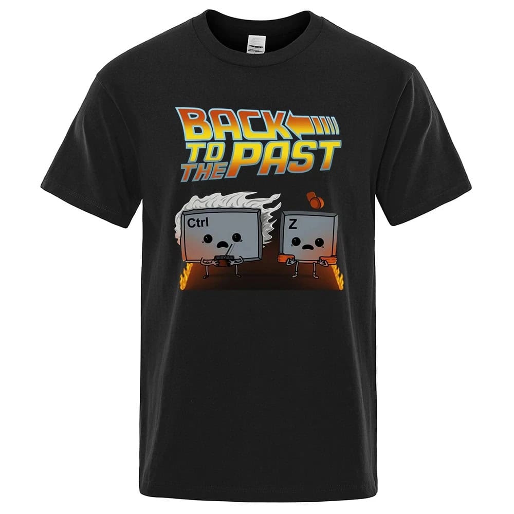 Back to the Past T-Shirt Black T-shirt featuring cartoon-style characters of a computer keyboard key with "Ctrl" and a sleeping "Z" key, inspired by "Back to the Past" theme, perfect for science and tech enthusiasts.
