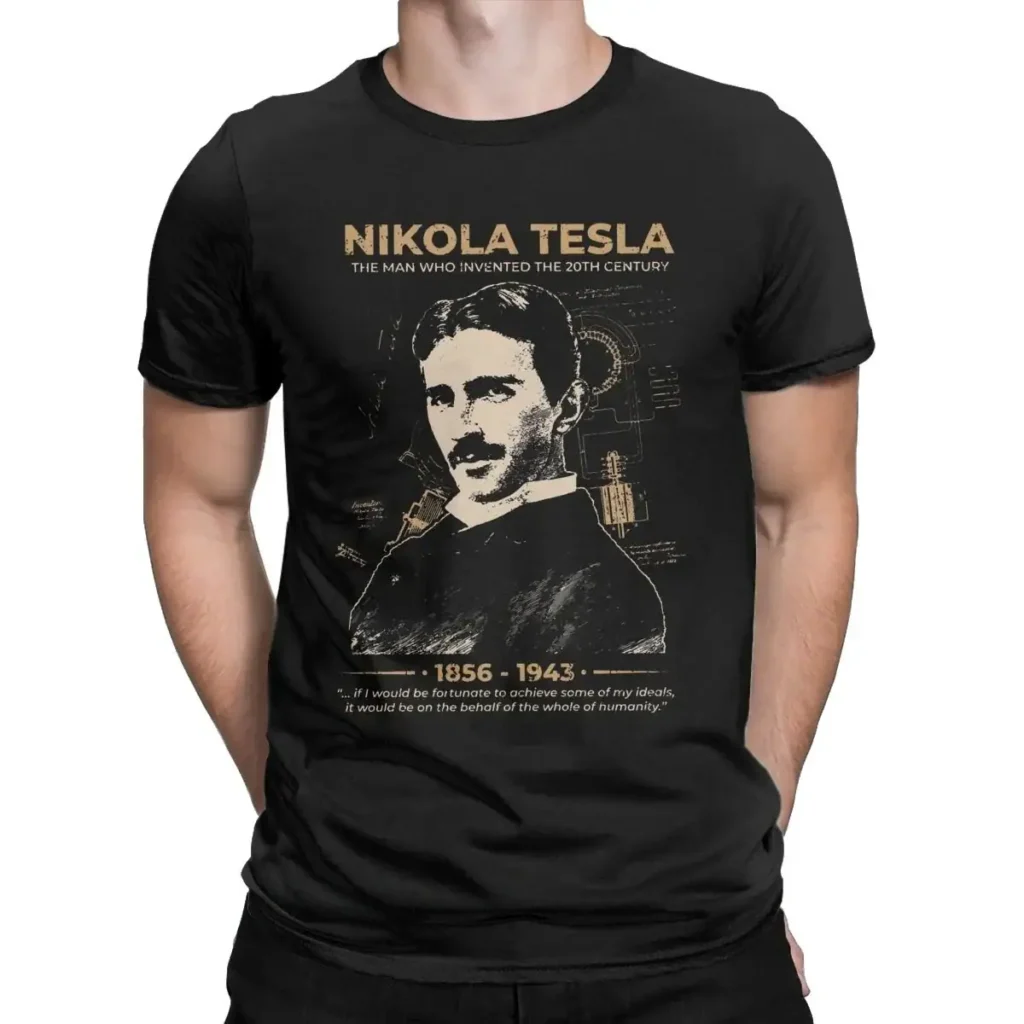 Black T-shirt featuring a vintage-style portrait of Nikola Tesla with his name, lifespan, and a quote about his contributions to science. Perfect for science enthusiasts and educational decor.