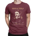 Classic maroon T-shirt featuring a vintage-style portrait of Nikola Tesla with his name and a quote about his contributions to science.
