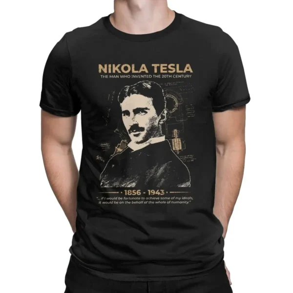 Black T-shirt featuring a vintage-style portrait of Nikola Tesla with his name, lifespan, and a quote about his contributions to science. Perfect for science enthusiasts and educational decor.