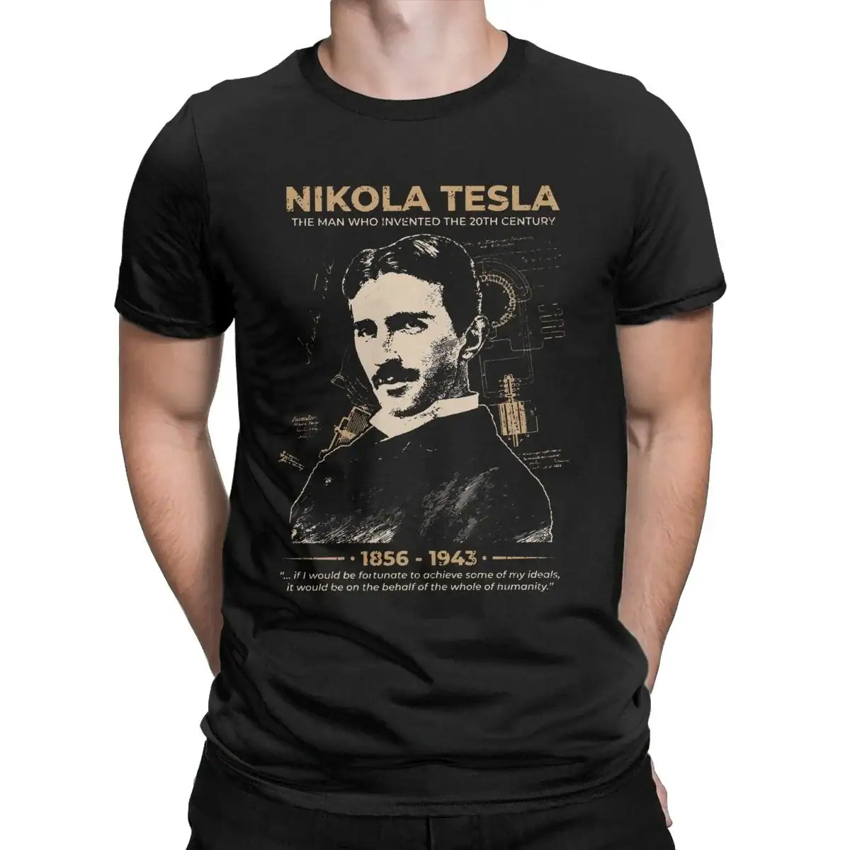 Nikola Tesla T-shirt | Science Gadgets & Educational Toys Black T-shirt featuring a vintage-style portrait of Nikola Tesla with his name, lifespan, and a quote about his contributions to science. Perfect for science enthusiasts and educational decor.