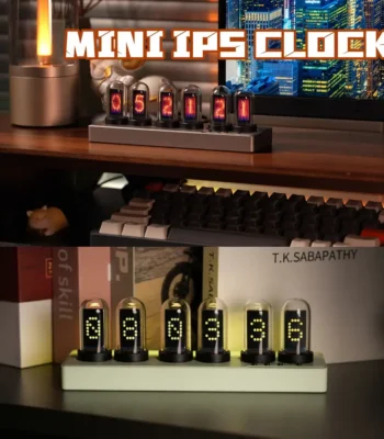 Mini IPS Clock with colorful Nixie tube display on a desk setup.