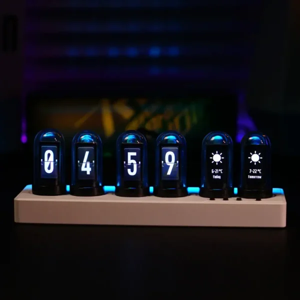 Modern digital clock with Nixie tube style display showing time and weather forecast icons, set on a white base against a dark background.
