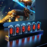 Nixie tube clock displaying glowing orange digits in glass tubes, perfect for science enthusiasts and educational settings.