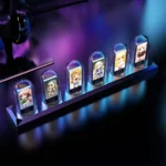 Interactive anime character display with LED lights and glass domes.