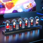 Nostalgic Nixie tube display spelling "LOVE" with colorful illuminated characters.