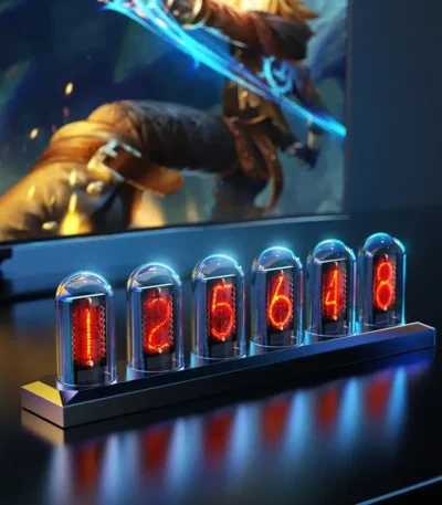 Nixie tube clock displaying glowing orange digits in glass tubes, perfect for science enthusiasts and educational settings.
