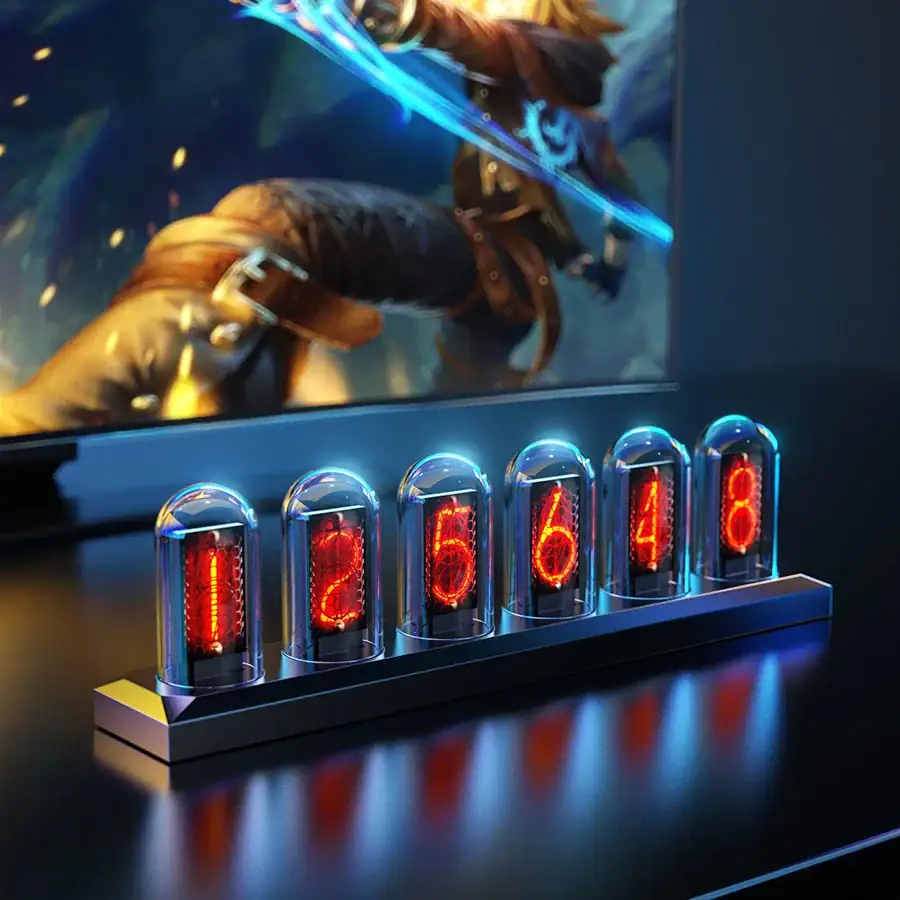Science Gadgets | Science Decor & Educational Toys Shop Nixie tube clock displaying glowing orange digits in glass tubes, perfect for science enthusiasts and educational settings.