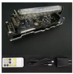 Digital electronic counter module with a clear display, circuit board, remote control, USB cable, and power adapter, ideal for science projects and educational demonstrations.