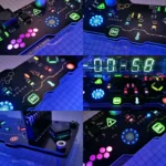 Close-up of an electronic circuit board featuring LED lights, digital display, and various electronic components, showcasing modern technology and circuitry.