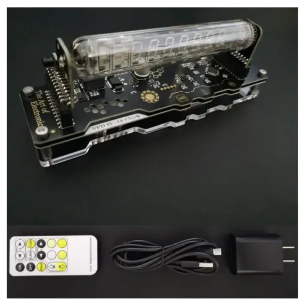 Digital electronic counter module with a clear display, circuit board, remote control, USB cable, and power adapter, ideal for science projects and educational demonstrations.