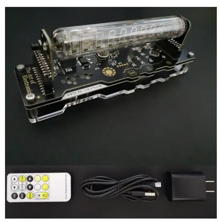 Electronic Counter Module for Science Experiments Digital electronic counter module with a clear display, circuit board, remote control, USB cable, and power adapter, ideal for science projects and educational demonstrations.