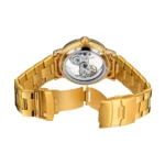 Luxury gold mechanical wristwatch with a transparent back showing intricate internal gears and movement.
