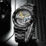 Elegant skeleton mechanical watch showcasing intricate internal gears and black metal band, perfect for stylish accessories and horology enthusiasts.